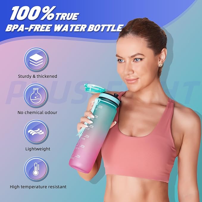 Sports Water Bottle, 32 oz Motivational Water Bottles with Time Marker to Drink, Leak-Proof Tritan BPA-Free with Carrying Strap for Women Men Gym Fitness Outdoor (Green Purple)