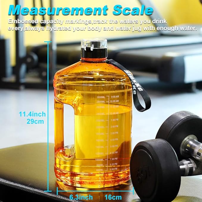 Gallon Big Water Bottle with Handle, 128oz Leakproof BPA Free Fitness Sports Water Bottle with Motivational Time Marker & Wide Mouth Ensure You Drink More Water