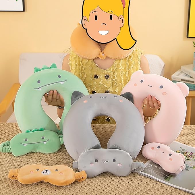 Kids Neck Pillow for Travel with Sleep Eye Mask, Cute Travel Neck Pillow, Memory Foam Flight Sleeping Headrest Pillow for Boys & Girls, Airplane, Train, Car, Home Use - Peach Bear