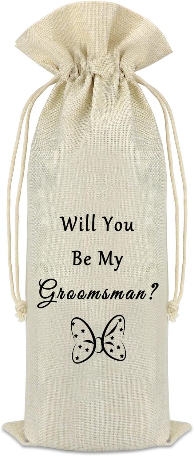 Groomsmen Proposal Gift Wine Bags Best Man Gifts Wedding Bachelor Party Gift for Groomsmen Best Man Friends from Groom Burlap Reusable Wine Gift Bags with Drawstrings Wine Bottle Bag