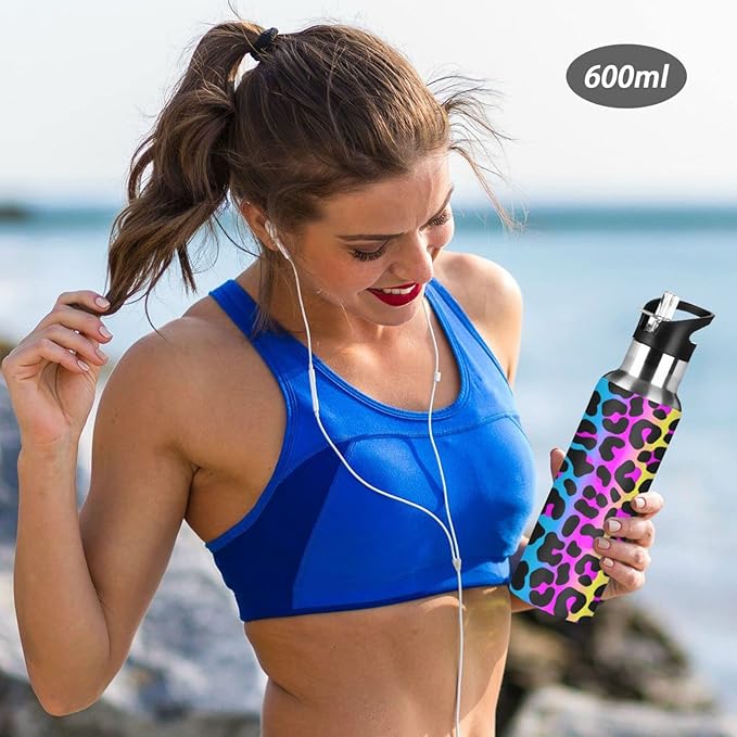 senya 20 Oz Water Bottle with Straw Leopard Print Cheetah Neon Gradient Stainless Steel Water Bottle for Traveling Sports Leakproof Insulated Water Bottle