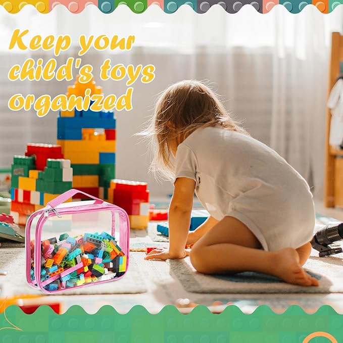 Sanwuta 3 Packs Toy Storage Bags with Zipper, Clear PVC Organizing Bags, Waterproof Toy Bags for Board Games, Building Blocks, Toys and Kids Books (Pink,12.6 x 9 x 2.36 Inch)