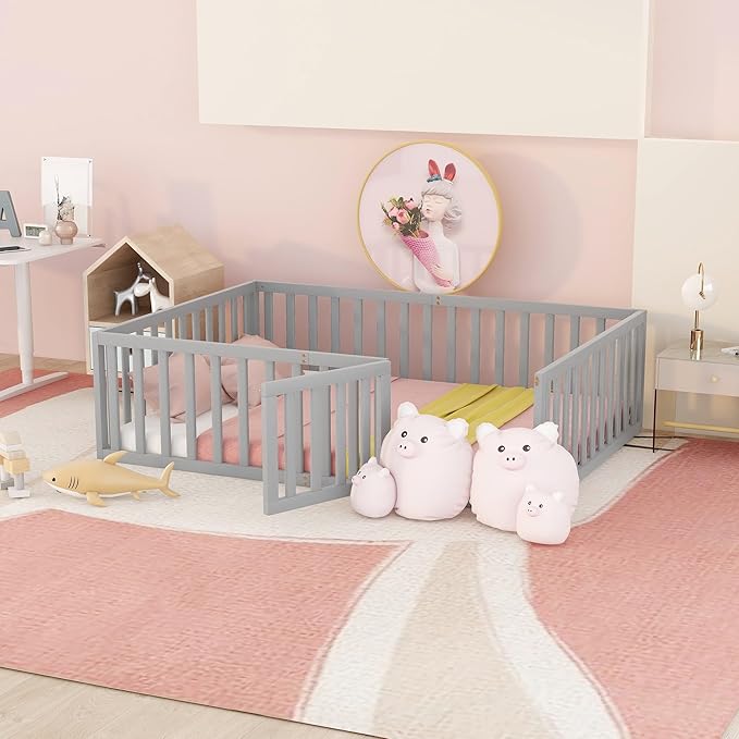 Full Size Floor Bed with Fence, Solid Wood Floor BedFrame for Kids with Door, Twin Platform Bed for Boys and Girls Kids Teens, Fun Design, for Children Bedroom