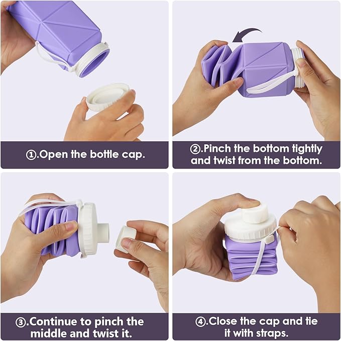 Collapsible Water Bottles,Leakproof BPA-Free Silicone Foldable Portable Water Bottle 610ml,Lightweight 21oz Reusable Wide Mouth Water bottle for Travel Cycling Gym Camping Sports Outdoor