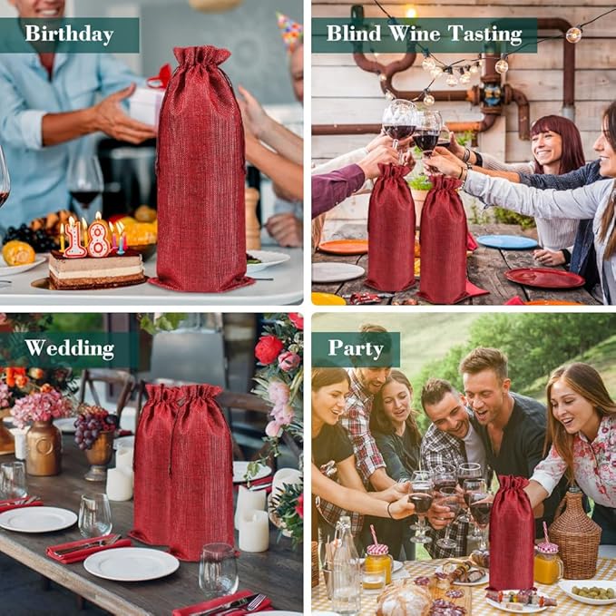 Shintop 10pcs Jute Wine Bags 1.5L, 16 x 6.7 inches Hessian Wine Bottle Gift Bags with Drawstring (Red)