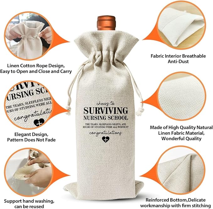 Nursing school Graduation Gift Wine Bag, Funny Nurse Graduation Party Decoration Favors, Nurse Day Week Gift Bag For Her Women Coworker, Linen Wine Bag