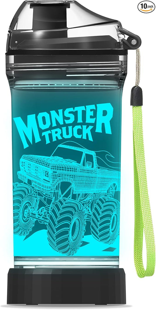 Kids Water Bottle with Monster Truck Design 3D Glowing LED Light-Tritan BPA Free,Perfect for Back-to-School Season, Girls, Boys, Kids, Holiday Camping, Picnic Gifts - 14 oz Travel Mug