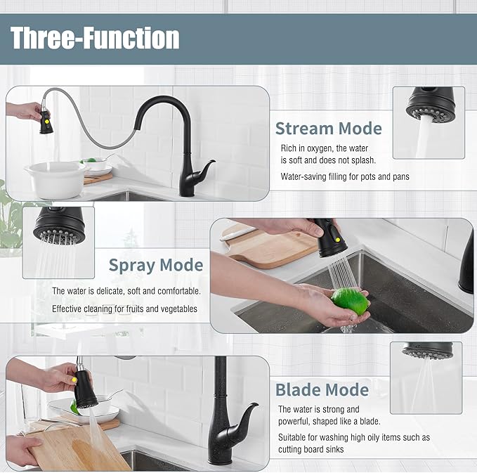Black Kitchen Faucet with Soap Dispenser, Faucet for Kitchen Sink, Single Handle Stainless Steel Kitchen Sink Faucets with Pull Down Sprayer and Deck Plate, RV Sink Faucet