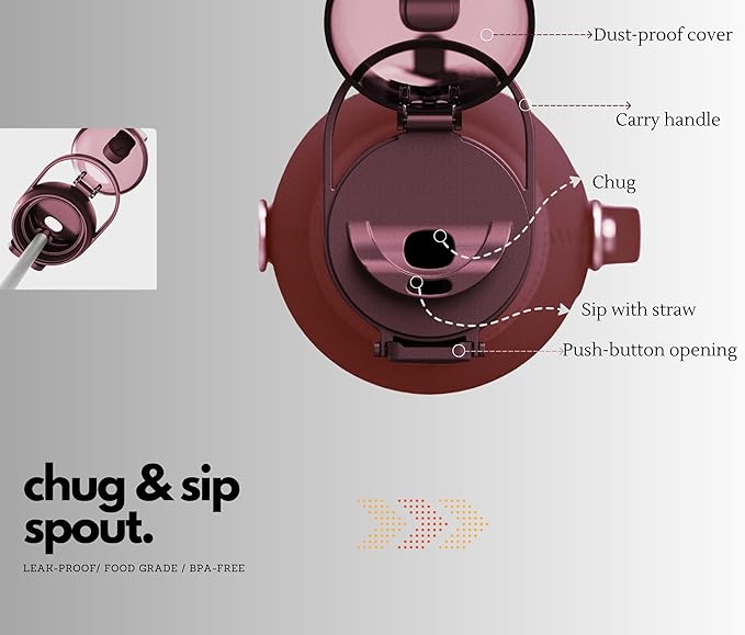 H2O Capsule Half Gallon Insulated Water Bottle With Straw - Stainless Steel Thermos Water Bottle With Sipping/Chugging Lid & Shoulder Strap For Storage - 64 oz Vacuum Flask, Keeps Hot Cold (Plum)