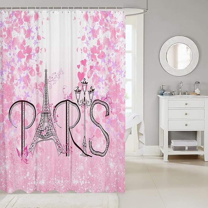 Feelyou Eiffel Tower Shower Curtain 72"x84" Kids Romantic Paris Bathroom Shower Curtain Set for Boys Girls Teens Pink Butterfly Bath Curtain Modern French Botanical Floral Print Bathroom Accessories