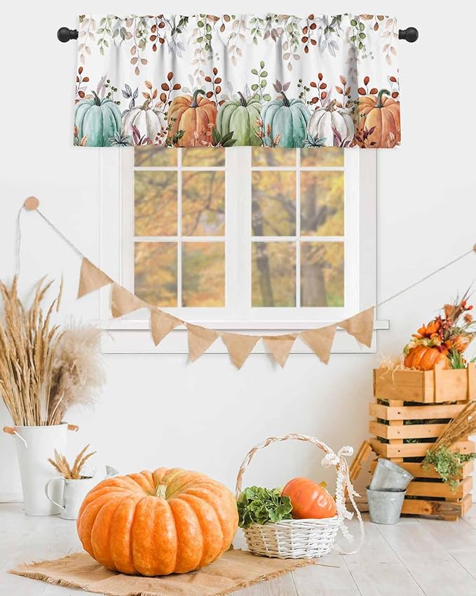 Fall Thanksgiving Kitchen Curtains Valances for Windows Autumn Pumpkins Eucalyptus Leaves Rod Pocket Window Treatment for Kitchen /Living Room/Bedroom/ Bathroom, 60" X 18", Blue Sage Green Orange