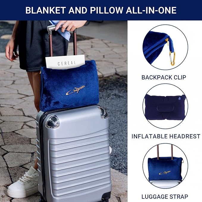3 in 1 Travel Pillow and Blanket Set, Premium Soft 300 GSM Thick Airplane Blanket Compact with Bag for Long Trips Essentials, Hand Luggage Sleeve and Backpack Clip (Navy)