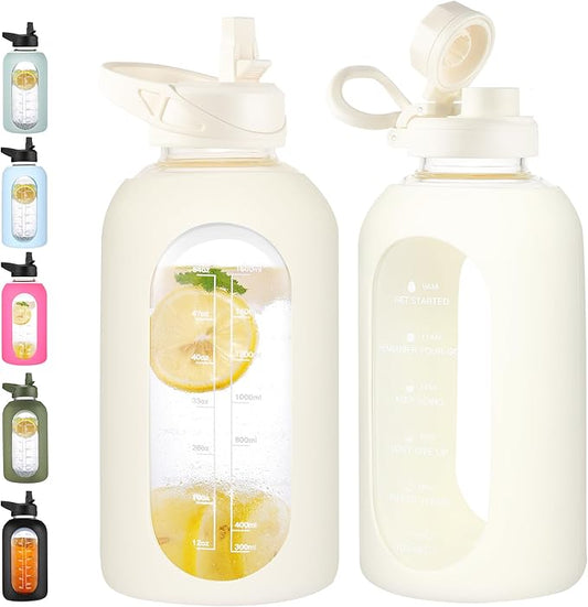 CIVAGO 64 oz Glass Water Bottle Jug with Straw and Handle, Half Gallon Sports Motivational Water Bottle with Time Marker and 2 Lids, Water Flask Canteen with Silicone Sleeve for Gym, Cream