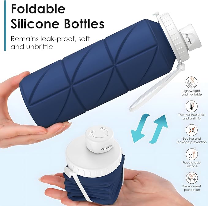 Collapsible Water Bottle Foldable Silicone Travel Water Bottle Leakproof Flexible BPA Free Portable,Folding Water Bottle Lightweight for Camping, Hiking,Sports Water Bottles Travel 23oz