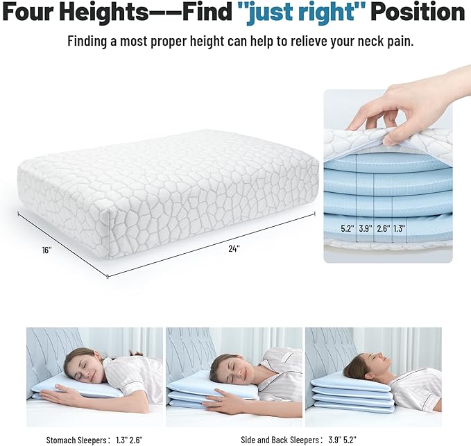 Cervical Neck Thin Pillow Flat Firm Memory Foam Adjustable Pillows from 1.3 to 5.2inch for Stomach Side Back Sleeper with 2 Pillowcases (White+Basics)