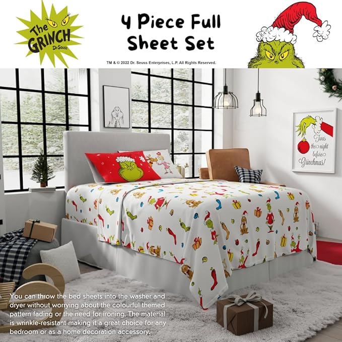 Franco Collectibles Dr. Seuss The Grinch Holiday & Christmas Bedding Super Soft Microfiber 4 Piece Full Sheet Set, (Officially Licensed Product)