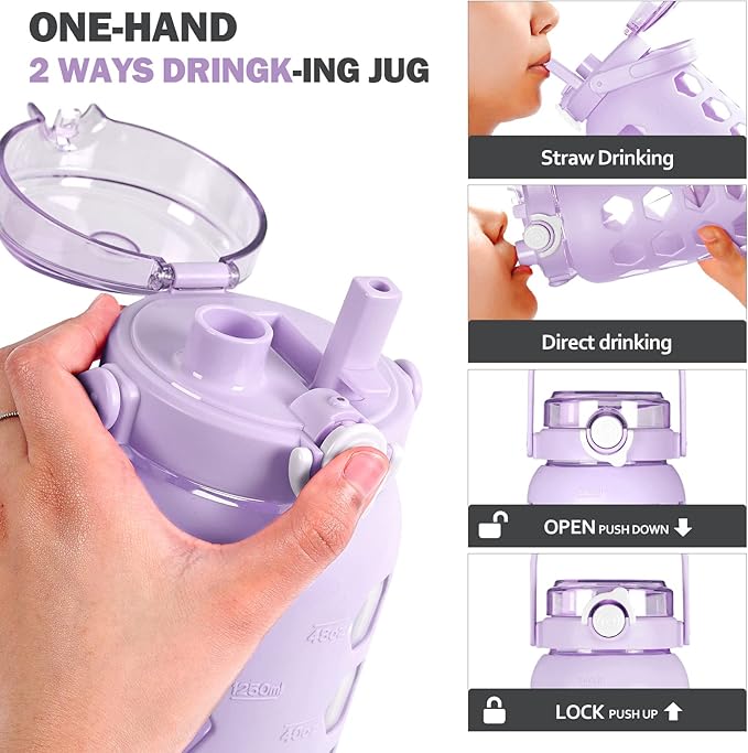 MUKOKO 56oz Glass Water Bottles with Straw and Lid,Motivational Water Jug with Time Marker Reminder and Silicone Sleeve,100% Leakproof BPA Free Fitness Sports Large Bottle-Purple