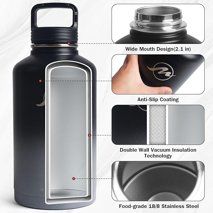 Insulated Water Bottle 64 oz with Straw Lid (3 Lids), Half Gallon Jug Flask, Large Metal Stainless Steel Bottle, 64 oz Double Wall Vacuum Sports Thermo Mug, Cold 48H Hot 24H (Black Grey)