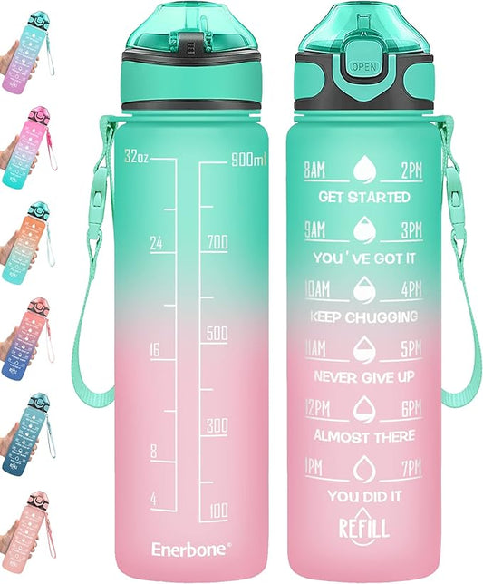 Enerbone 32 oz Water Bottle with Times to Drink and Straw, Motivational Drinking Water Bottles with Carrying Strap, Leakproof BPA & Toxic Free, Ensure You Drink Enough Water for Fitness Gym Outdoor
