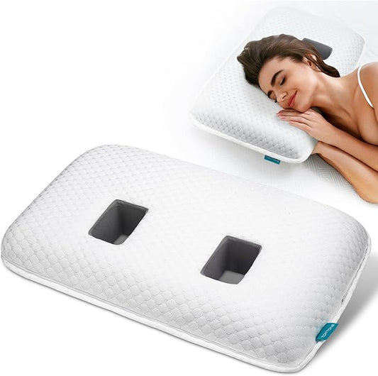 Ear Piercing Pillow with 2 Holes for Ear Pain CNH Side Sleepers, Adjustable Memory Foam Ear Pillow for Ear Discomfor, Earrings, Noise-Canceling Earplugs, Headphones, Enjoy Sound Sleep