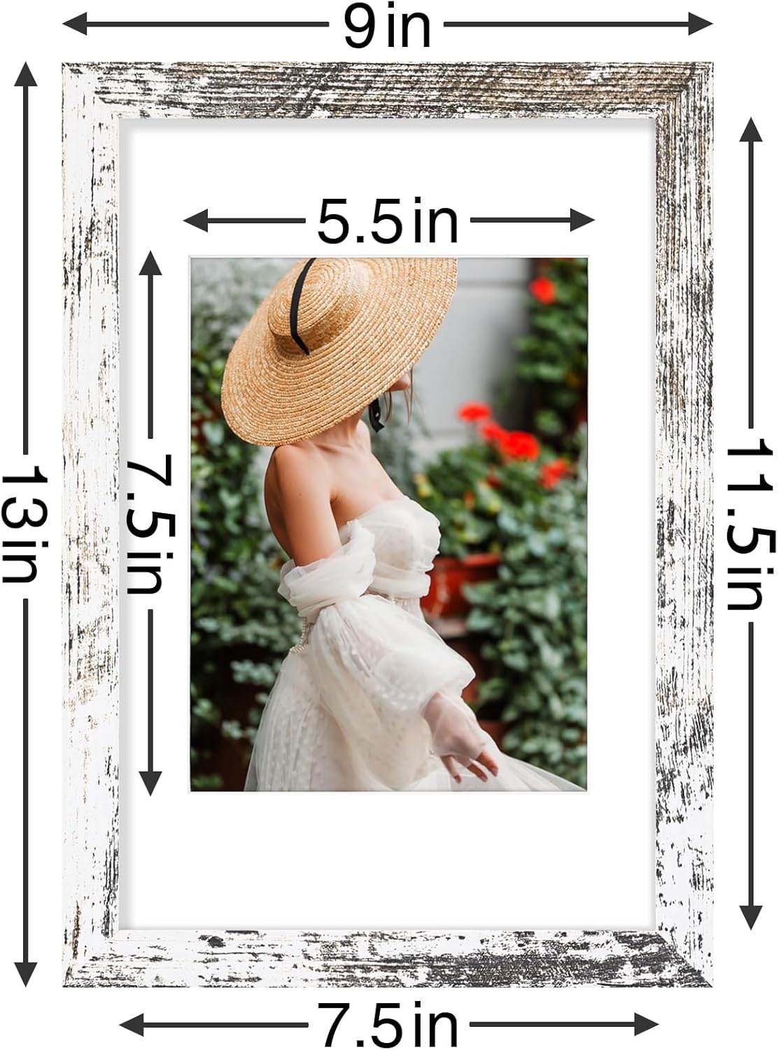 Vittanly 8x12 Picture Frames Set of 9, Shatter Resistant Plexiglass, Display 6x8 Pictures with Mat or 8x12 without Mat, Photo Frames for Wall or Tabletop, Engineered Wood, Distressed White