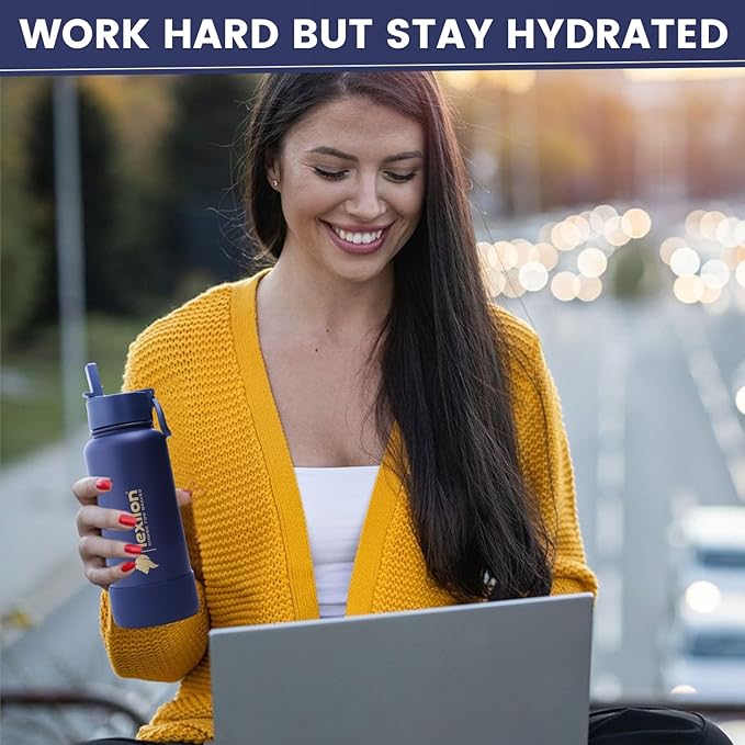 Water Bottle 32oz, Triple Walled Insulated Stainless Steel Reusable Bottle, Silicone Sleeve, Cleaning Brush, 2 Lids (Spout lid & Straw lid w/2 straw), Metal Mug Gallon, BPA Free, Twilight Blue