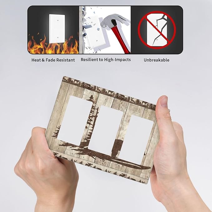 Rustic Wood Bear Forest 3 Gang Rocker Light Switch Plate Vintage Antique Cabin Triple Decora Outlet Wall Plate Cover Faceplate Decorative Switchcovers GFCI for Farmhouse Bathroom Bedroom Decorate