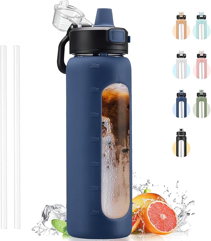 Kodrine Water Bottle With Straw and Carry Handle, Glass Water Bottle 24 oz Leak Proof Locking Lid with Soft Silicone Spout, Small Clear Water Bottle, Travel Sports Water Jug, Time Marker, Navy Blue