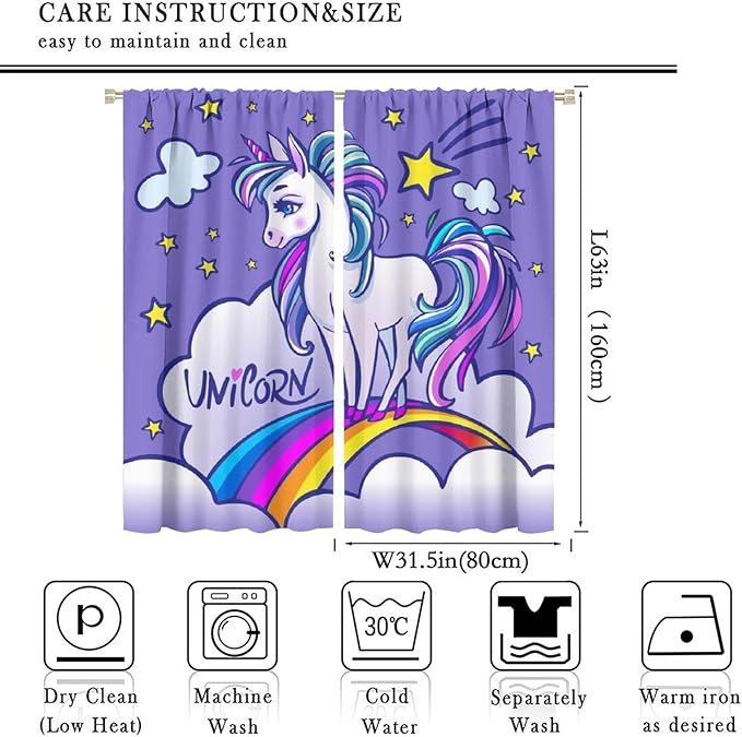 Kids Unicorn Curtains Purple Cartoon Rainbow Cartoon Room Blackout Curtains Boys Girls Baby Room Decor Curtains Living Room Decor 63x63 Inch 2 Panels