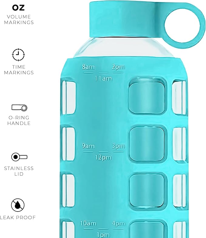 purifyou Premium 40/32 / 22/12 oz Glass Water Bottles with Times to Drink and Volume, Silicone Sleeve & Stainless Steel Lid Insert, Reusable for Fridge Water, Milk, Fruit Juice (Aqua Blue, 22 oz)