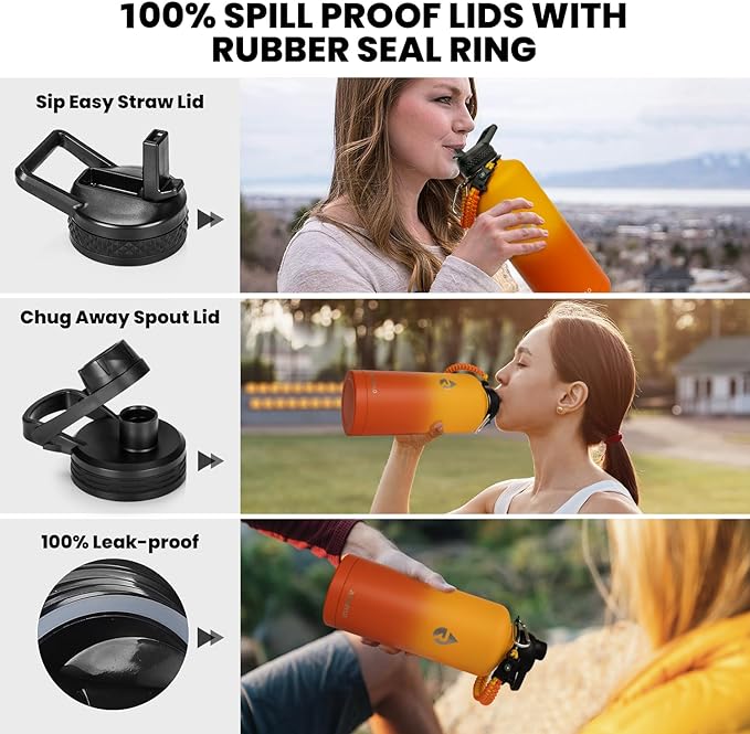 Insulated Water Bottle 87 oz, Triple Wall Vacuum Stainless Steel (Cold for 48 Hrs), Leak Proof & Non-BPA, Modern Water Flask Jug with Paracord Handle & Straw Spout Lids, Ombre Orange