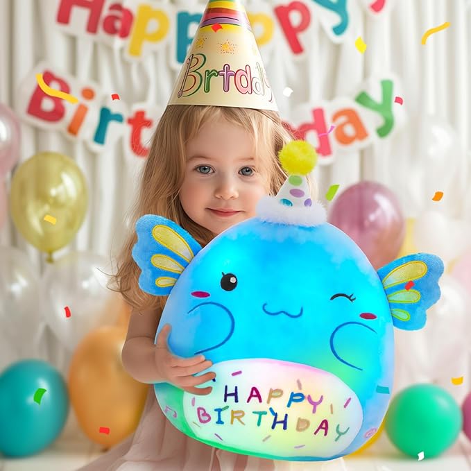 Light up Musical Happy Birthday Axolotl Plush Pillow,LED Stuffed Animals,Blue Axolotl Glowing Plush Toy,Light-up Singing Plush Birthday Gift for Toddler Boys Girls,14''