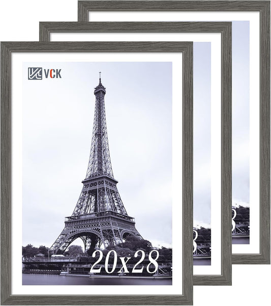 VCK 20x28 Picture Frame 3 Pack, Gray Solid Wood Poster Picture Frame, Exclusive Wood Grain, Wall Mounting Hanging