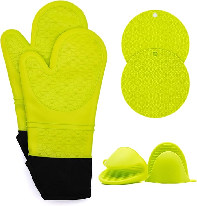 Extra Long Oven Mitts and Pot Holder Set for Ultimate Kitchen- hot Pads and Oven Mitts- Heavy Duty- Silicone Heat Resistant Oven Mitts and Pot Holder Set (Green)