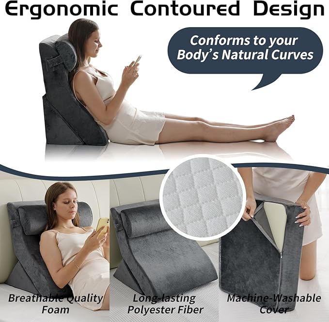 Qirroboni 3PCS Orthopedic Bed Wedge Pillow Set, Adjustable Pillows for Neck Back and Leg Pain Relief Comfortable & Post Surgery Foam- Heartburn Anti Snoring Acid Reflux & GERD Sleeping Charcoal Grey
