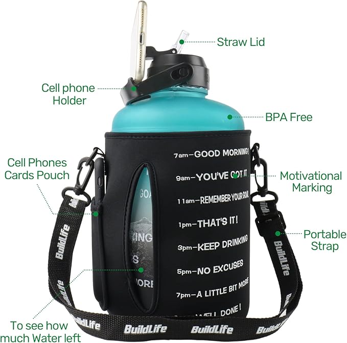 QuiFit 1 Gallon Water Bottle - with Straw & Motivational Time Marker Leak-Proof BPA Free Reusable Gym Sports Outdoor Large(128OZ) Capacity Water Jug(Green/Black with Sleeve,1 Gallon)