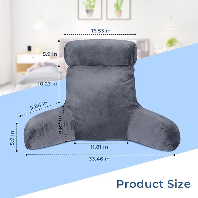 COOLBEBE Reading Pillow for Bed Backrest Pillow for Bed Sitting Up Adult with Arms Grey Back Support Pillow with Headrest & Pockets, Removable Washable Cover and Detachable Neck Roll(Standard 18")