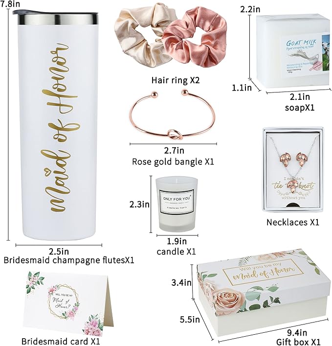 Maid Of Honor Proposal Gifts Set-Will You be My Maid Of Honor Gift Box, Wedding Engagement Gifts,Bachelorette Party Bridal Showers gifts,Maid Of Honor Jewelry sets, Spa Gifts (White)
