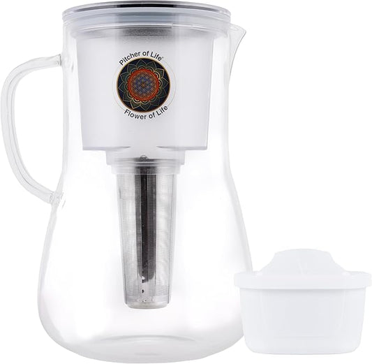 Borosilicate Glass Alkaline Water Pitcher of Life with Stainless Steel Fruit infuser Glass Water Filter Pitcher with Lid Clearly Filtered Water Pitcher Increases pH NSF/ANSI 42 & 61 Certified Filters