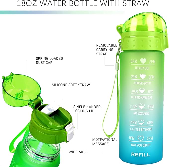 XACIOA Water Bottle with Straw,18oz Plastic Cup with Motivational Time Marker,1L Tritan Sport Lightweight Leakproof BPA-Free,Wide Mouth Fast Flow Ensure You Have Times to Drink,with Straw & Cup Brush