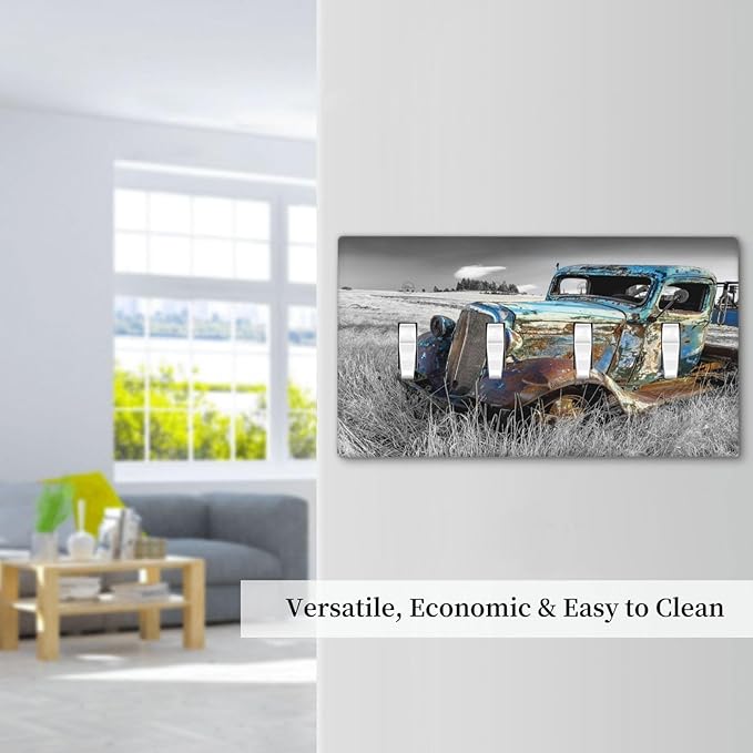 Vintage Country Old Blue Truck Quad Toggle Light Switch Cover Decorative Rustic Automobile 4 Gang Wall Plate Electrical Faceplate Switchplate for Farmhouse Bathroom Bedroom Living Room Decor