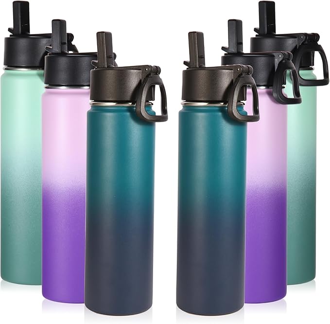 Volhoply 24oz Insulated Water Bottle With Straw Bulk 6 Pack,Metal Wide Mouth Water Bottles With Handle Keep Cold,Reusable Double Wall Thermos,Powder Coated Sport Bottle For Holder(Assorted,6 Count)