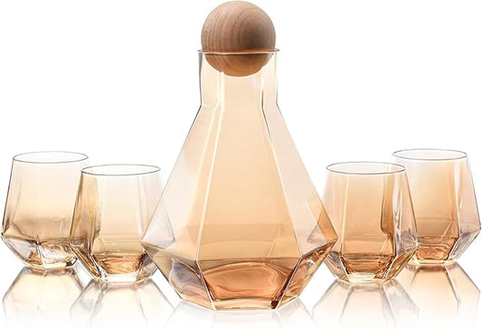 WHOLE HOUSEWARES Gold Diamond Inspired Wine Glasses Set of 5 - Red and White Wine Glasses - Large Bulbous Crystal Glass - Modern Diamond Wine Carafe with Cork Ball - Valentines Day Gifts