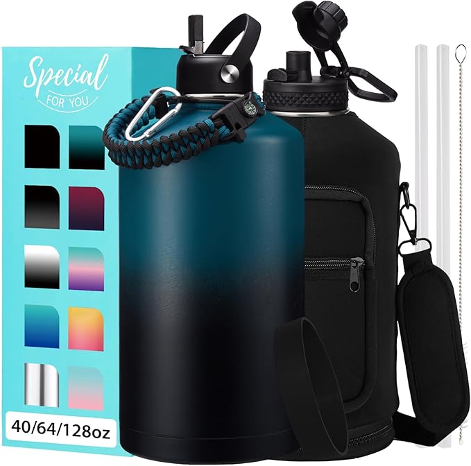 Large Insulated Water Bottles 1 Gallon - Water Jug with Strap Carrier Bag, Straw & Spout Lid, Paracord Handle, Bottle Boot, Big Metal Water Flask Stainless Steel Canteen, 128oz Insulated Water Bottle
