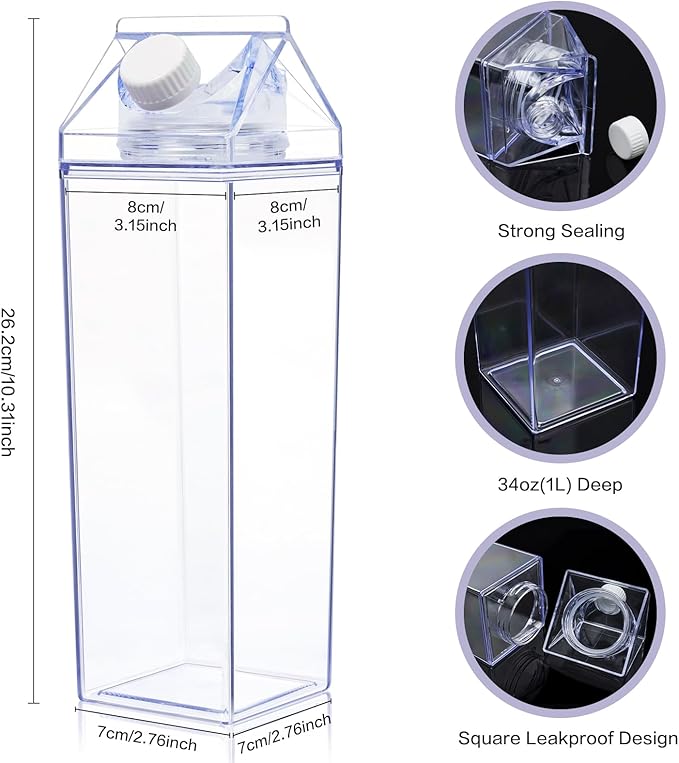 KALYLOC Milk Carton Water Bottle, 34 oz Clear Plastic Milk Box Square Juice Bottle, Portable Reusable Milk Bottles Bulk Water Container for Outdoor Sports Travel Camping Activities (Clean 6pcs)