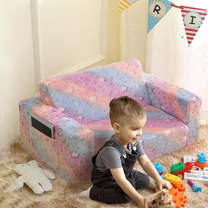 Kids Sofa, Glow in The Dark Toddler Chairs Children's Extra Wide Convertible Sofa to Lounger - Extra Soft 2 Seats 2 in 1 Flip Open Chair & Sleeper, Toddler Couch, Kids Sofa Bed