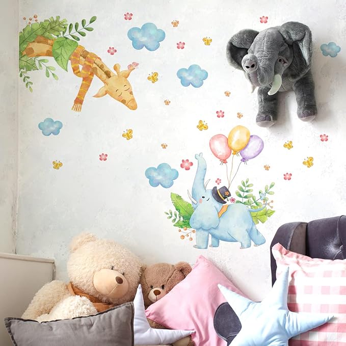 Cartoon Animal Wall Decals - Blue Elephant & Brown Giraffe with Balloons - 90x30cm Peel & Stick Design