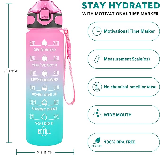 Enerbone 32 oz Drinking Water Bottle with Times to Drink and Straw, Motivational with Carrying Strap, Leakproof BPA & Toxic Free, Ensure You Drink Enough Water for Fitness Gym Outdoor