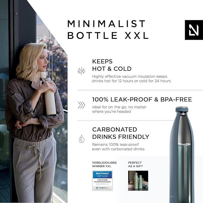 LARS NYSØM Stainless Steel Insulated XL Water Bottle 12oz 17oz 25oz 34oz 51oz | BPA-free Insulated Thermo Flask for Hot and Cold Beverages | Leakproof Large Drinking Bottle (Blue Stone, 51oz)