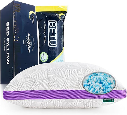 BETU Cooling King Pillow, Shredded Memory Foam Cool Pillow for Hot Sleepers, Adjustable Firm Soft Support Bed Pillows Perfect for Back Neck Pain and Side Sleeping with Pillow Case Cover, Purple